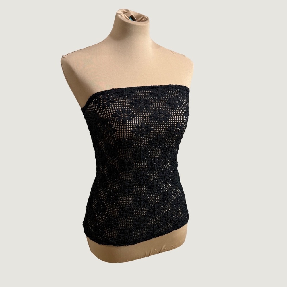DISSH Crochet Tube Top Black Floral Knit Sheer S Fairy Grunge Goth Fall Layering